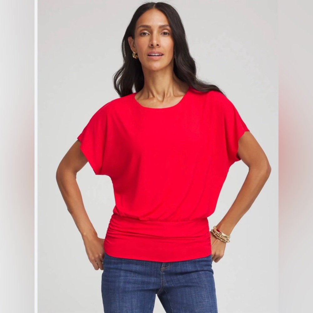 NWT Chicos Touch of Cool Medium Ruched Banded Top in Red Glow